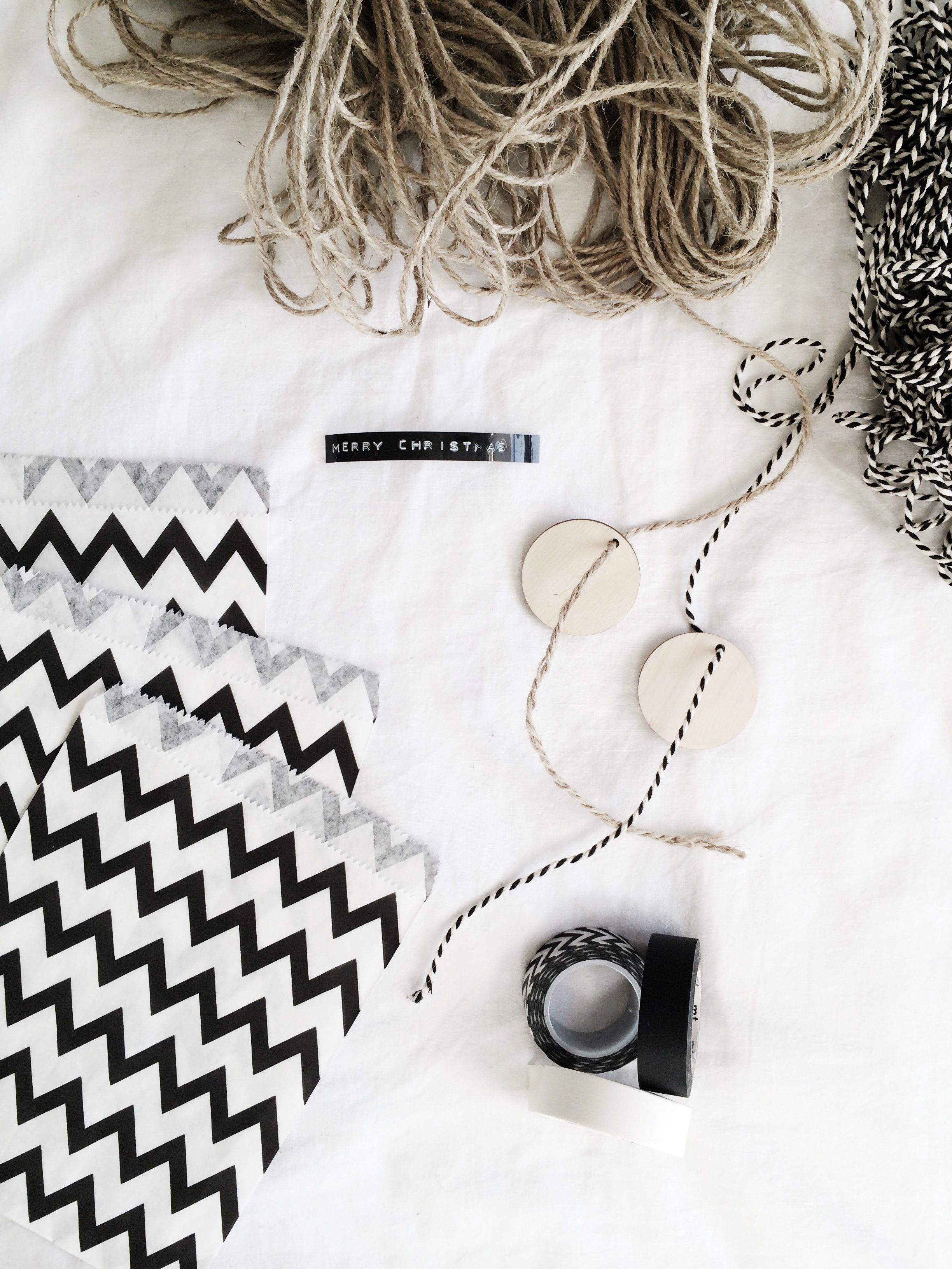 Christmas gift wrap with twine, dymo labels, washi tape and chevron paper bags | A Living Diary